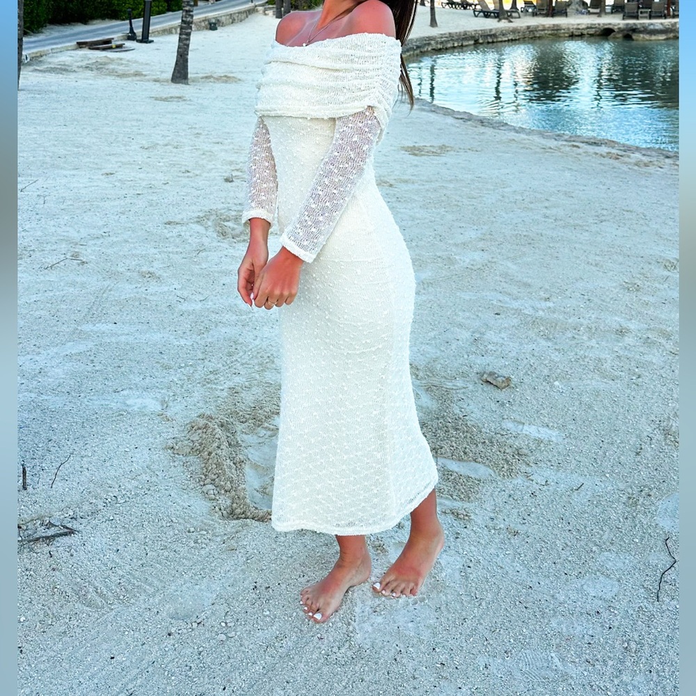 Off-Shoulder White Sequin Evening Dress - Picture 2 of 2